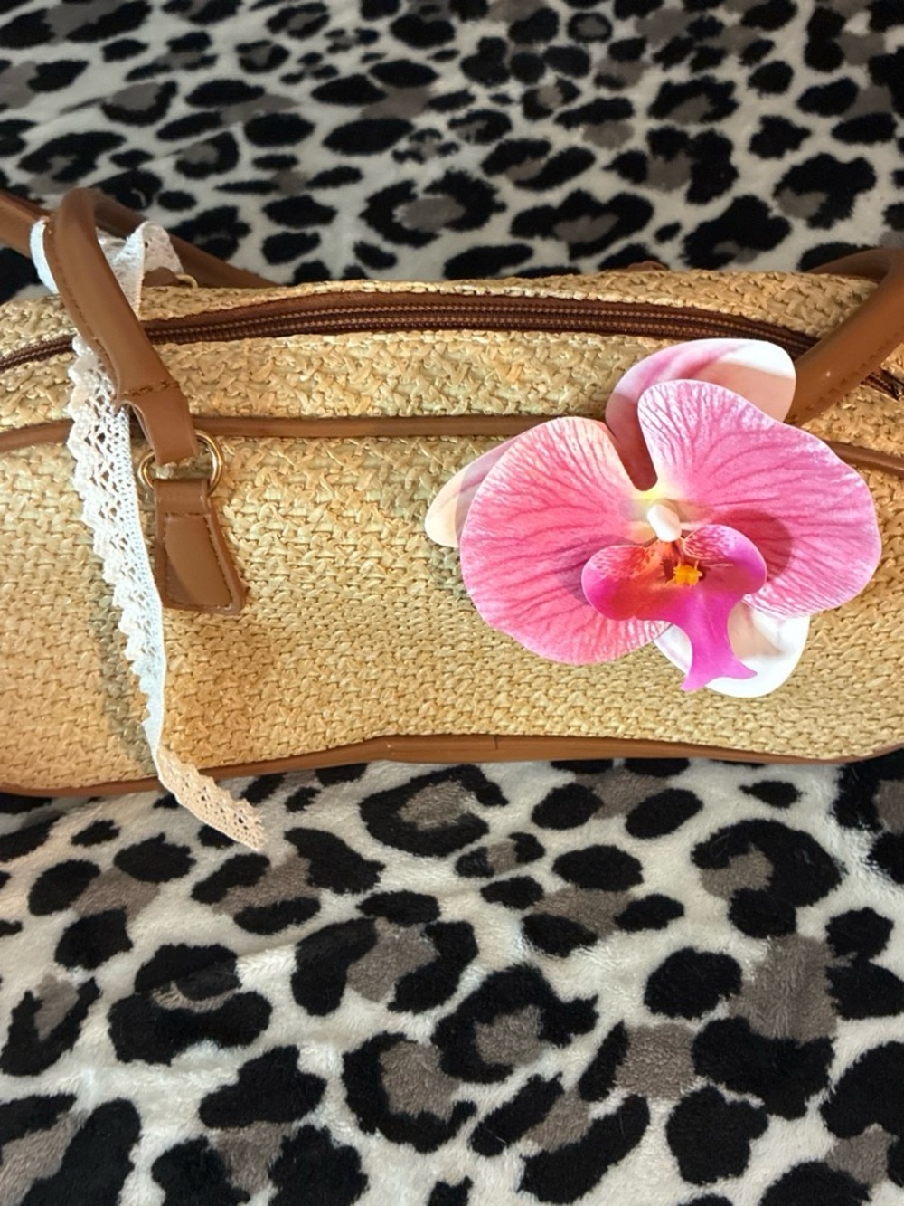 Straw Woven Handbag with Pink Orchid Accent